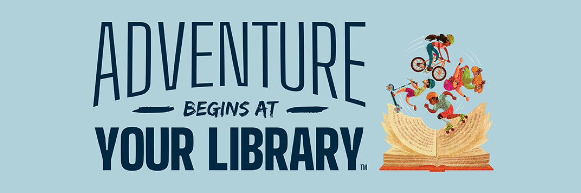Adventure Begins with your Library Logo; Open Book with kids riding bicycles  