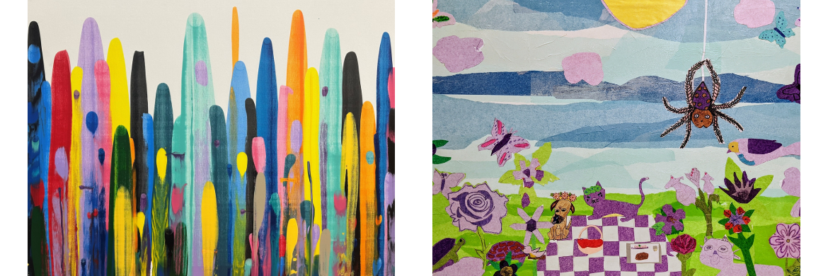 Two Class Art Projects depicting animals having a picnic and columns of color, from Part Maitland School, click below to read about school auction.