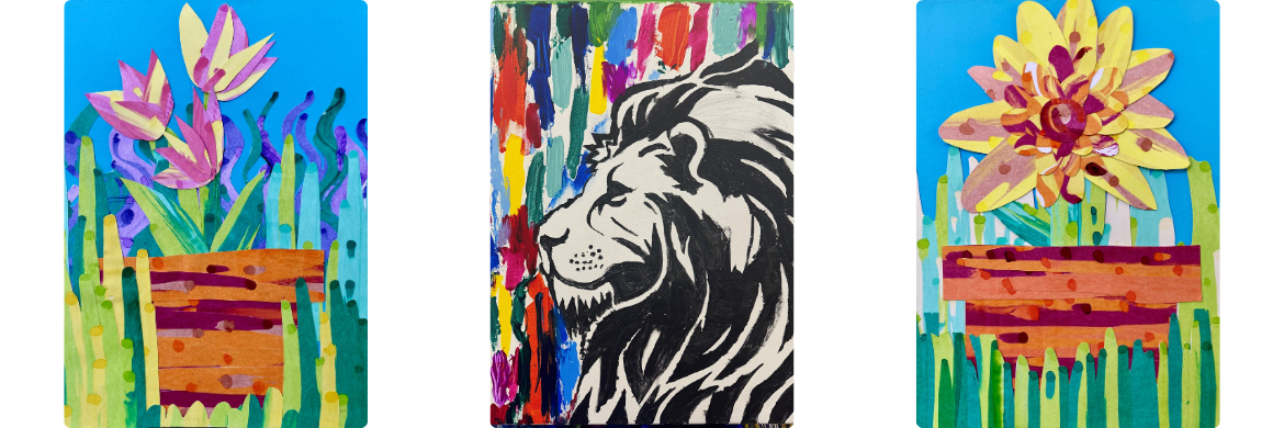 Three Class Art Projects depicting pots of flowers and a black and white lion from Part Maitland School, click below to read about school auction.