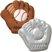 Image shows Wilton cake pan shaped like baseball glove.