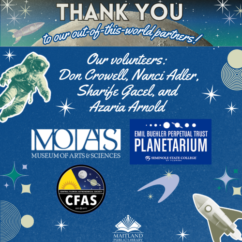 image thanking astronomy week sponsors: MOAS, CFAS, and Emil Buehler Planetarium
