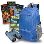 Shows blue backpack, binoculars, birding book, and pamphlets.