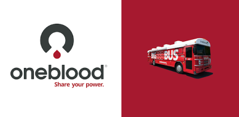 OneBlood logo. Words: share your power. Photo of red bus.