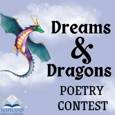 Blue-green flying dragon next to Dreams & Dragons Poetry Contest