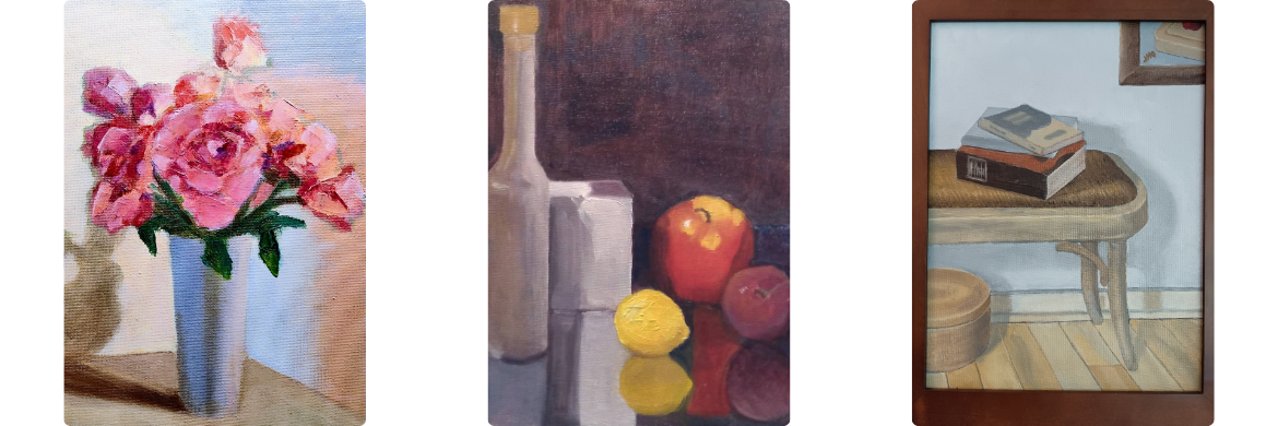 3 Paintings, vase of roses, fruit with a bottle, books on a bunch