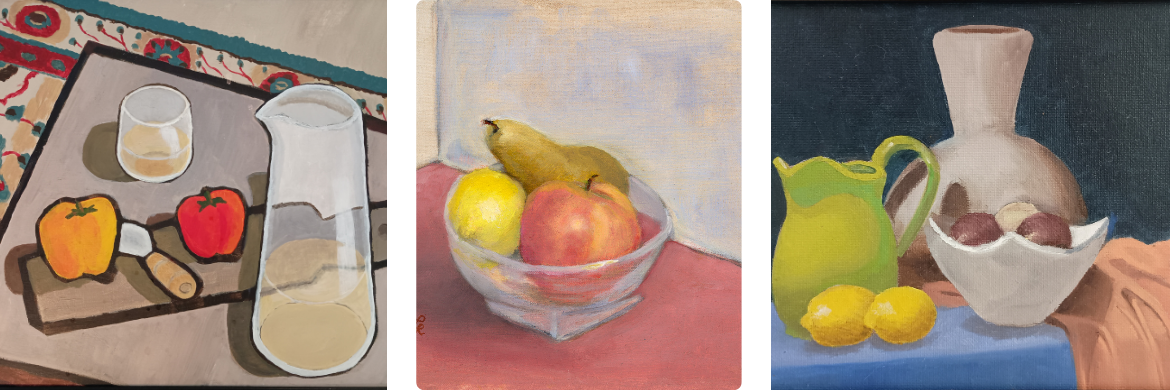 Image of 3 paintings, vegetables on a cutting board with a pitcher of liquid and a glass; a bowl of fruit, and a pitcher, two lemons, a bowl with miscellaneous items and a vase